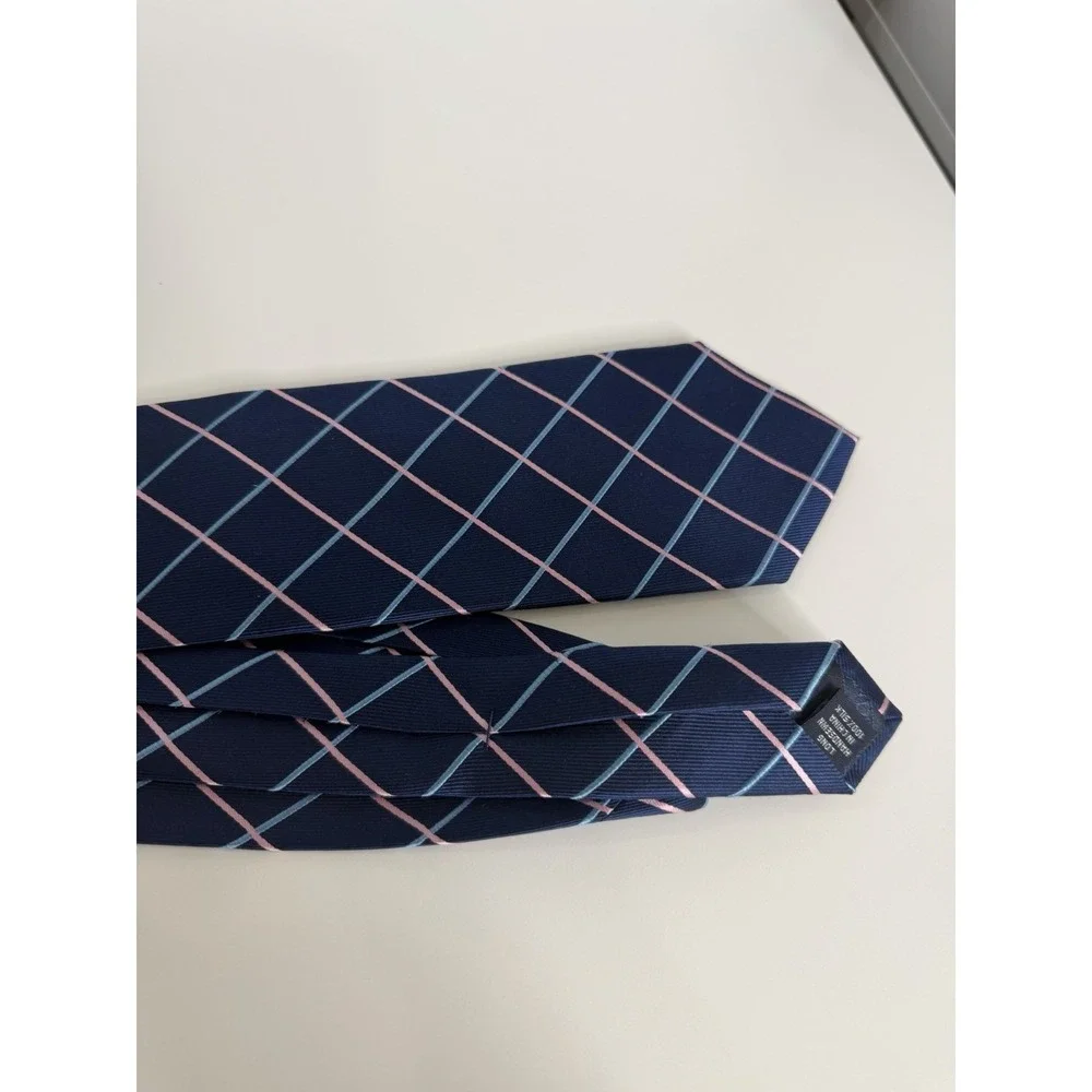 Lands End Men's Silk Necktie Navy Plaid 3 1/2